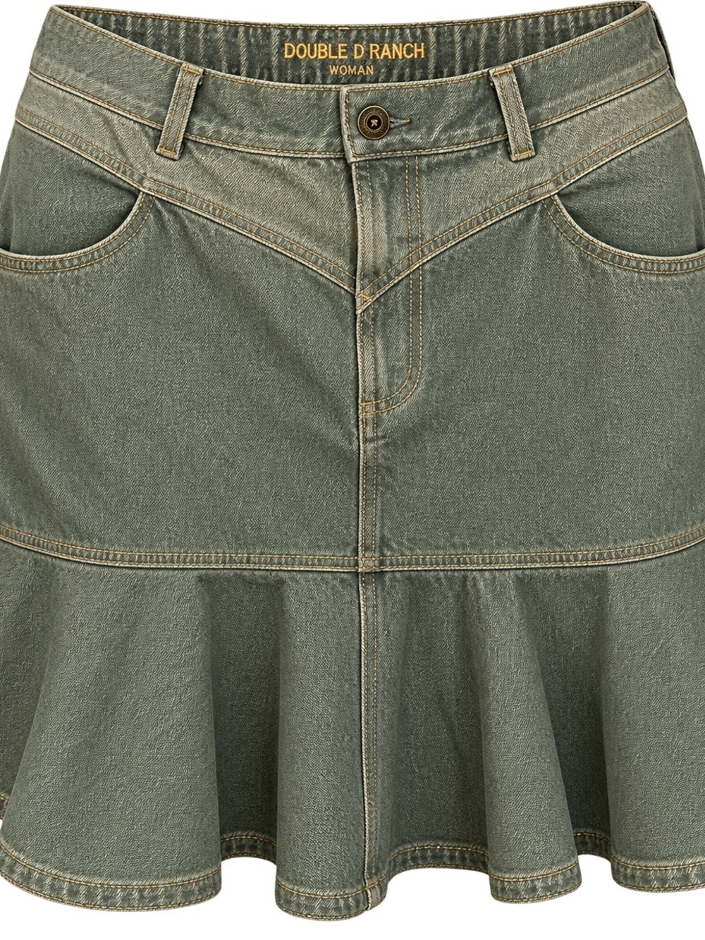 DOUBLE D RANCH Woman Root n Tootin Ruffle Denim Skirt 2X Olive Green